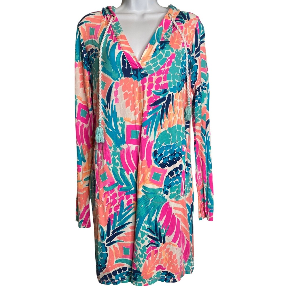 Lilly Pulitzer Womens Pink Blue Pineapple Hooded Tunic Dress S Beachy Resortwear